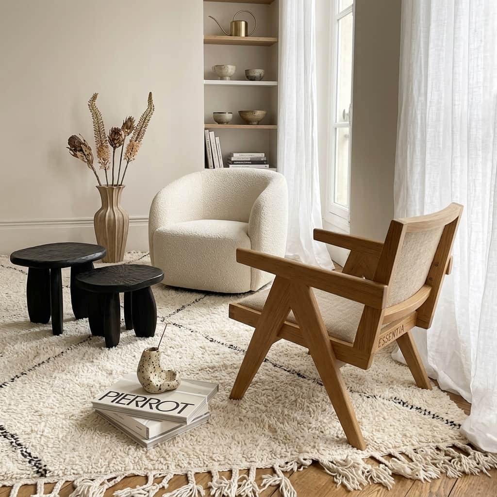 Beni Ourain rug in a warm modern living room